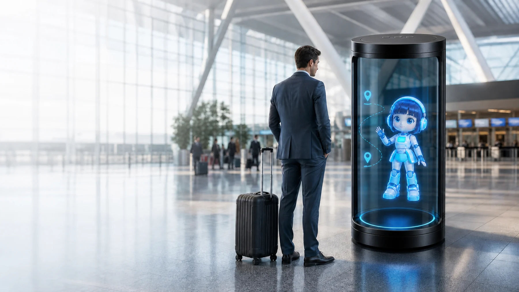 Traveller using a Wintouch Holobox concierge display in a modern airport terminal